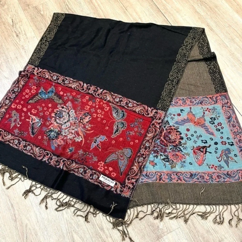 Pashmina, Red, Blue and Olive Colorblock Scarf Butterfly Pattern